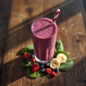 This berry spinach fat burning smoothie delivers 15g protein and 8g fiber for just 285 calories. Perfect healthy breakfast drink!