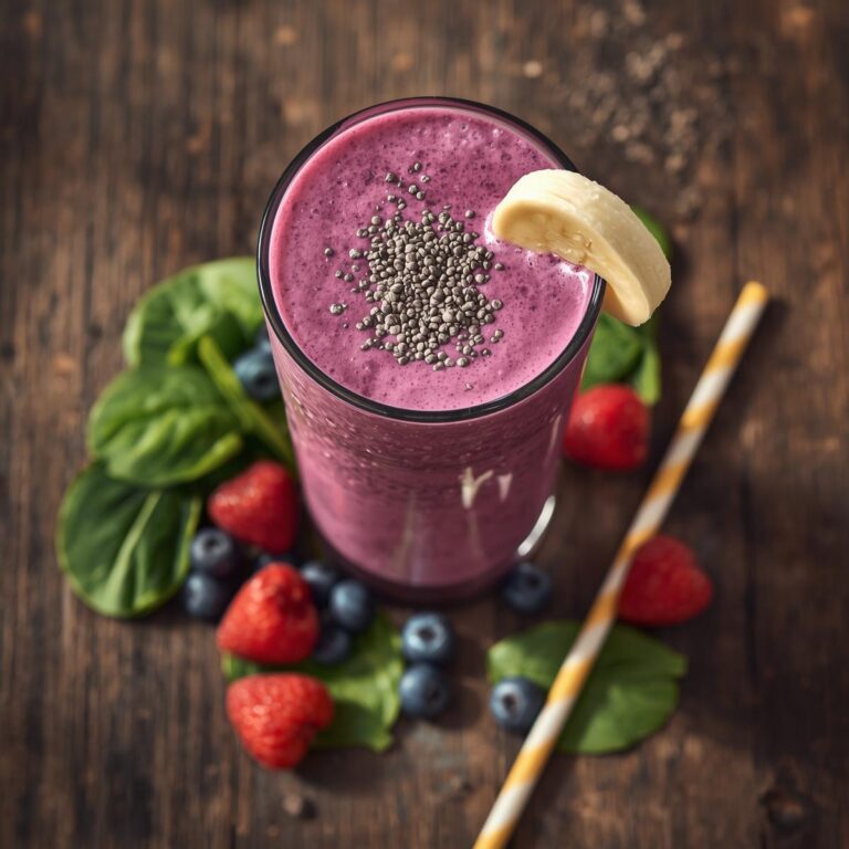 Healthy weight loss smoothie with berries and spinach in a tall glass – under 300 calories, high fiber, and packed with protein