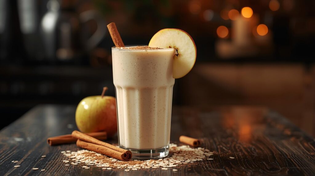 Cinnamon Apple Oat Weight Loss Smoothie in a glass with cinnamon stick and apple slice garnish on dark rustic wooden counter