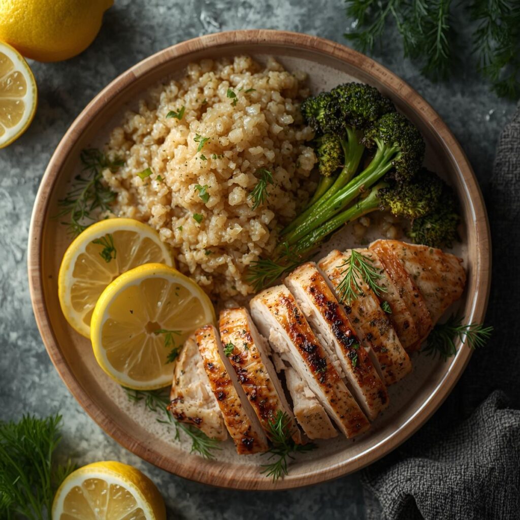 Low calorie weight loss recipe – Lemon herb grilled chicken breast with fluffy quinoa and roasted garlic broccoli on a wooden plate. Healthy high-protein dinner under 400 calories for weight loss and clean eating.