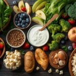 Colorful assortment of low-calorie foods that keep you full including fresh vegetables, fruits, lean protein, and whole grains arranged on dark wooden table