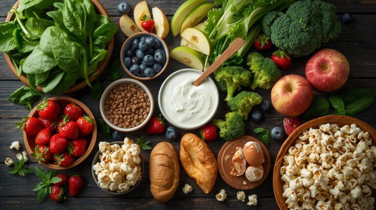 Colorful assortment of low-calorie foods that keep you full including fresh vegetables, fruits, lean protein, and whole grains arranged on dark wooden table