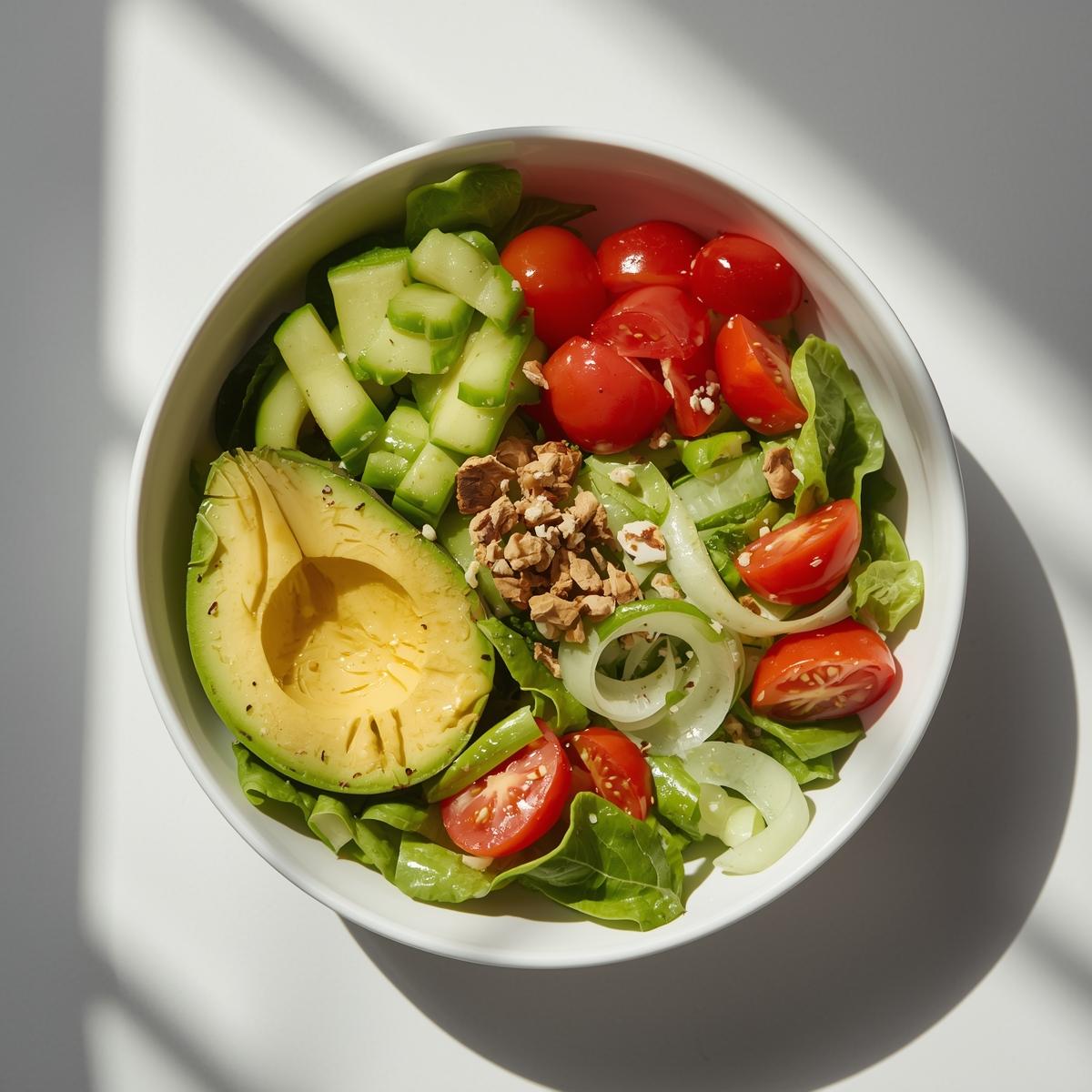 Bright low-calorie salad bowl with avocado, cherry tomatoes, and cucumber in top-down flat lay