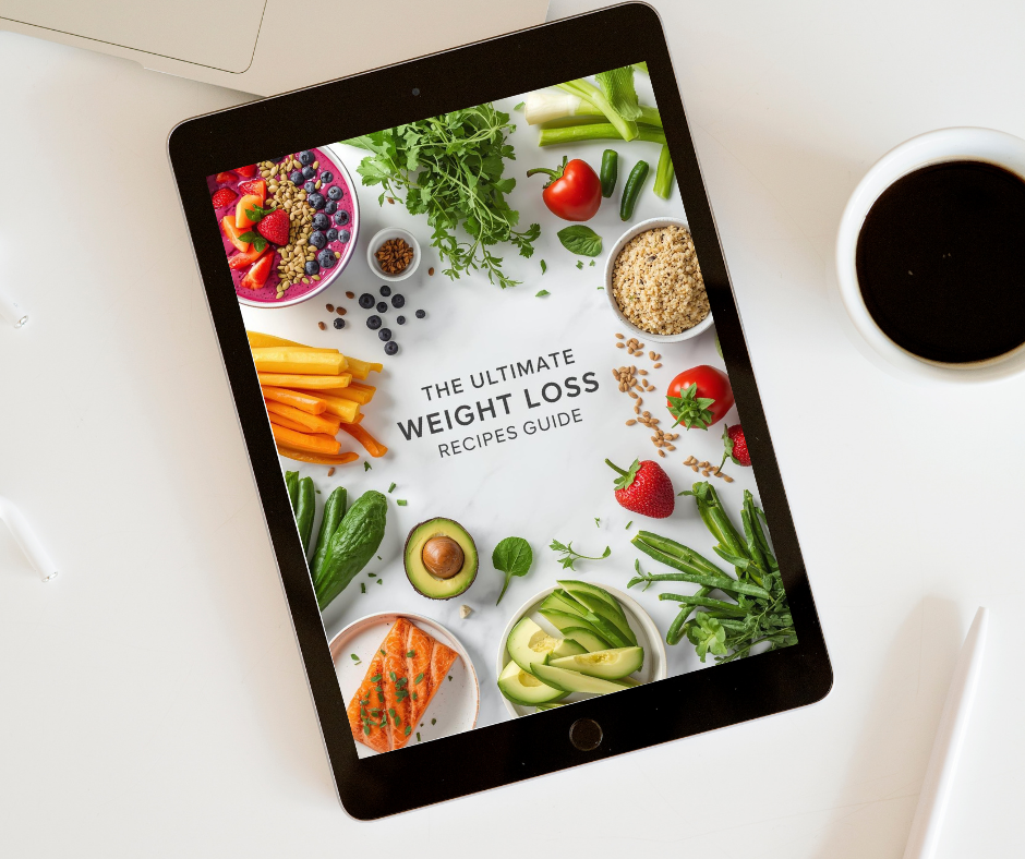 Ultimate Weight Loss Recipes Guide" surrounded by healthy foods like avocado, salmon, vegetables, and berries