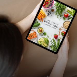 The Ultimate Weight Loss Recipe Guide book cover featuring 15 delicious fat-burning meals under 500 calories with complete 7-day meal plan and grocery shopping list