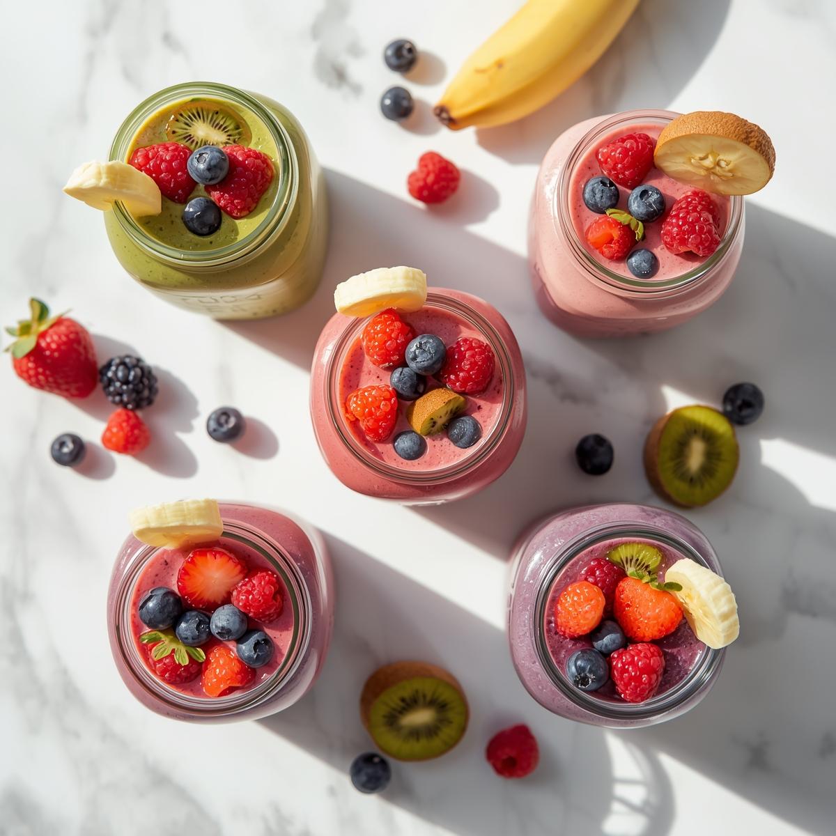 Colorful smoothies in mason jars with fresh fruits like berries, banana, and kiwi, top-down flat lay