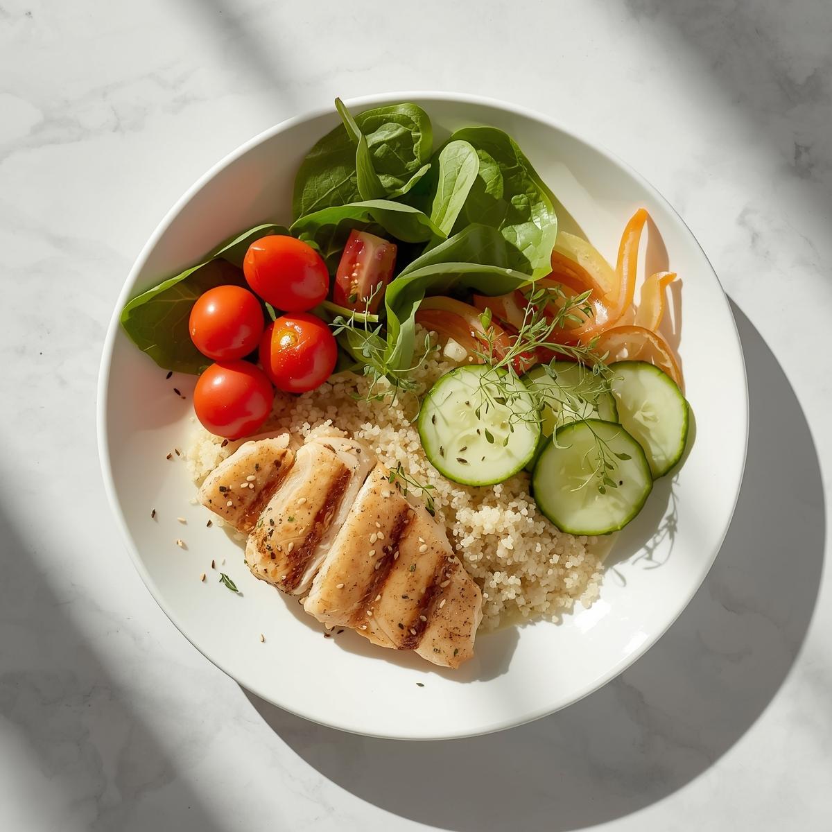 Healthy weight loss recipe plate with grilled chicken, quinoa, and fresh vegetables in modern flat lay composition