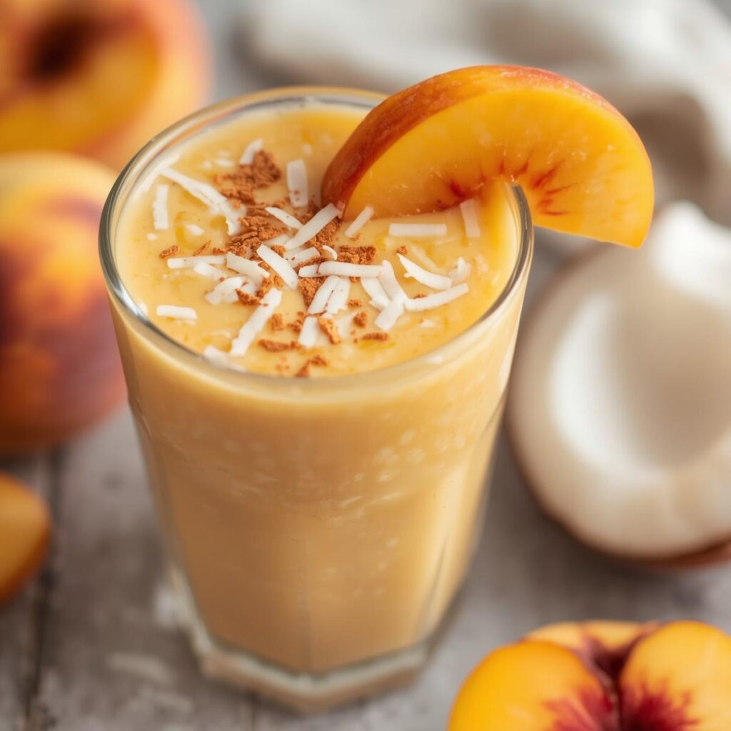 Creamy peach and coconut healthy smoothie for weight loss in a tall glass with fresh peach slices on dark stone background