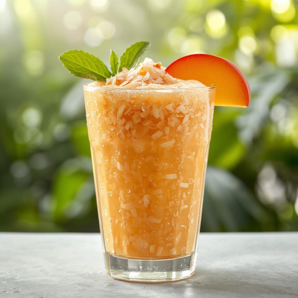 Creamy peach and coconut healthy smoothie for weight loss in a tall glass with fresh peach slices on dark stone background