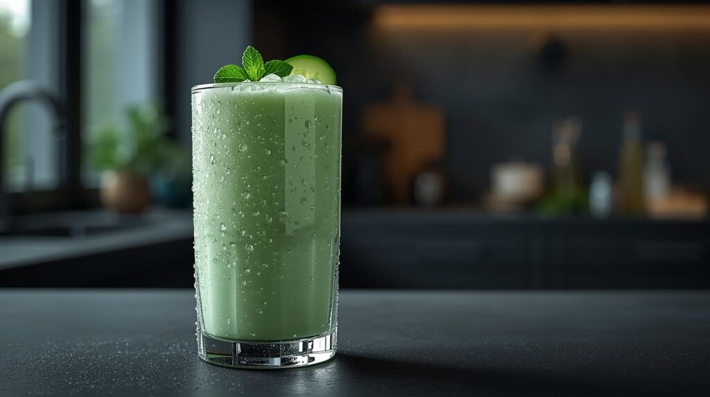 Vibrant green cucumber melon mint smoothie for weight loss in a tall glass with fresh mint sprig on dark modern kitchen counter