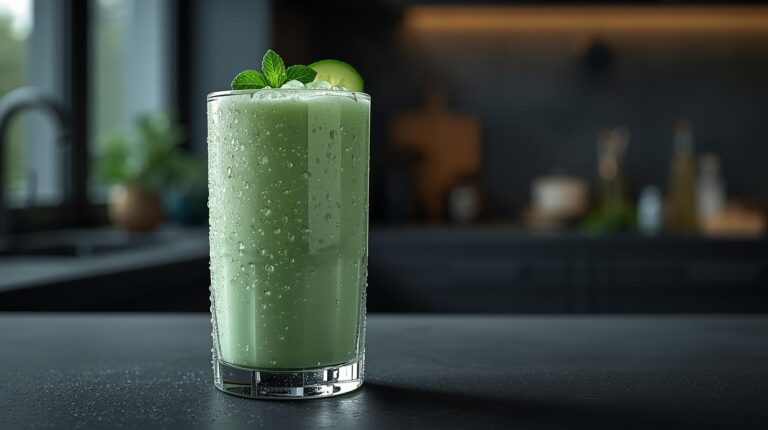 Vibrant green cucumber melon mint smoothie for weight loss in a tall glass with fresh mint sprig on dark modern kitchen counter