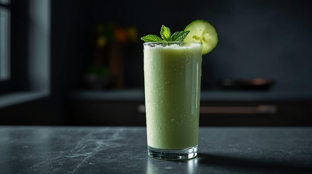Vibrant green cucumber melon mint smoothie for weight loss in a tall glass with fresh mint sprig on dark modern kitchen counter