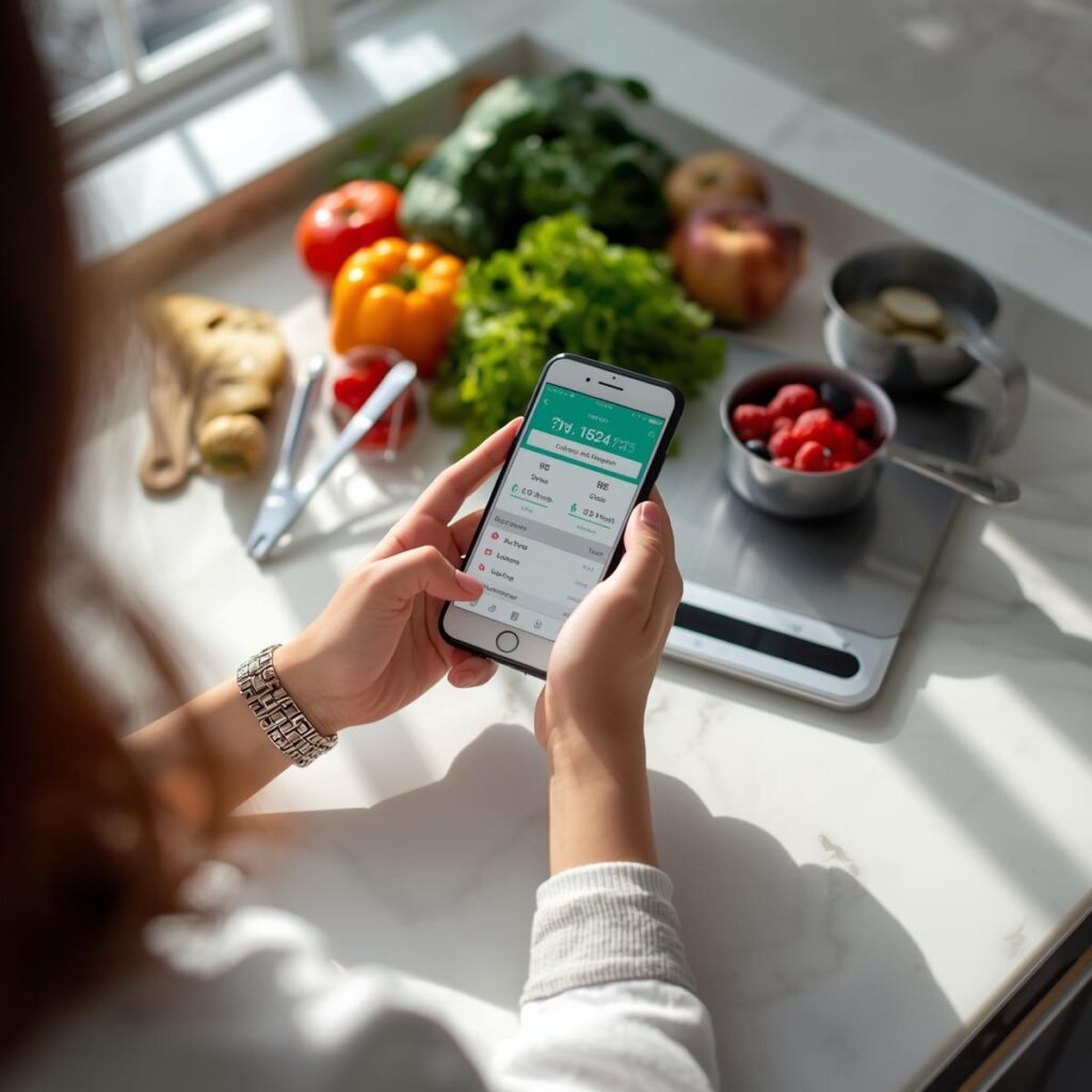 Calorie counting illustration with healthy food, nutrition chart, and meal planning concept