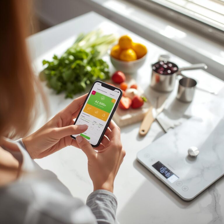Person using a calorie tracking app on smartphone with fresh vegetables and measuring tools on kitchen counter – how to count calories for weight loss beginner guide