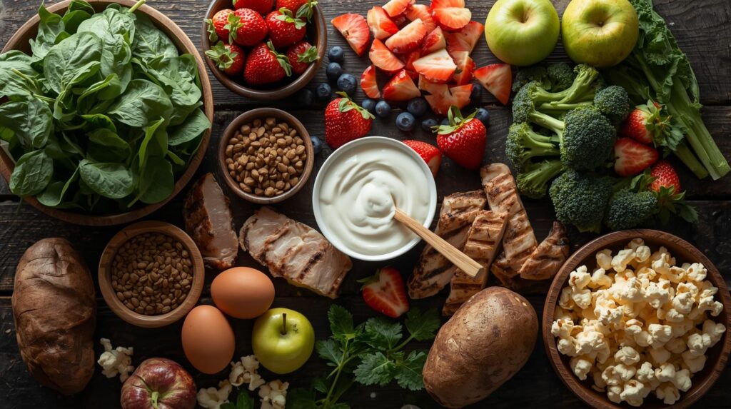 Low-Calorie: Colorful assortment of low-calorie foods that keep you full including fresh vegetables, fruits, lean protein, and whole grains arranged on dark wooden table