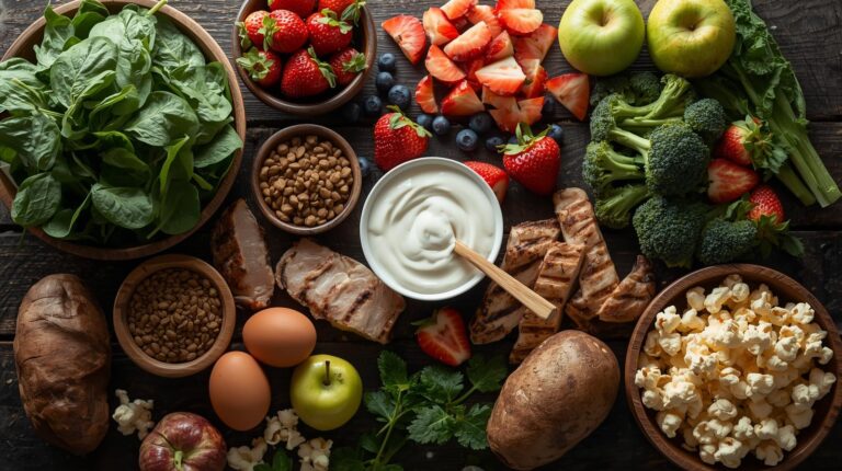 Colorful assortment of low-calorie foods that keep you full including fresh vegetables, fruits, lean protein, and whole grains arranged on dark wooden table
