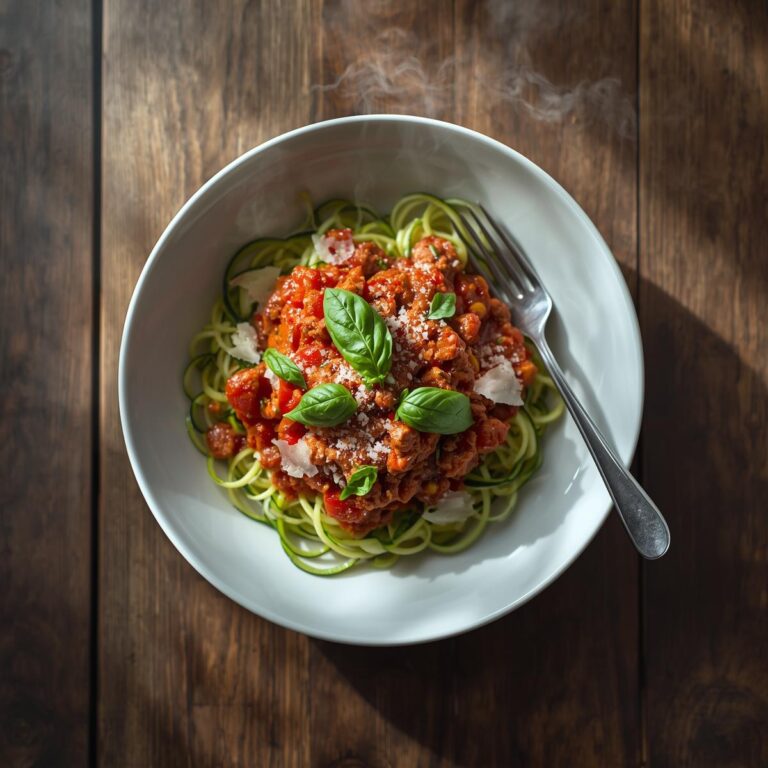 Low calorie meal featuring zesty ground turkey in tomato sauce served over fresh spiralized zucchini noodles, garnished with basil and Parmesan – under 400 calories healthy dinner