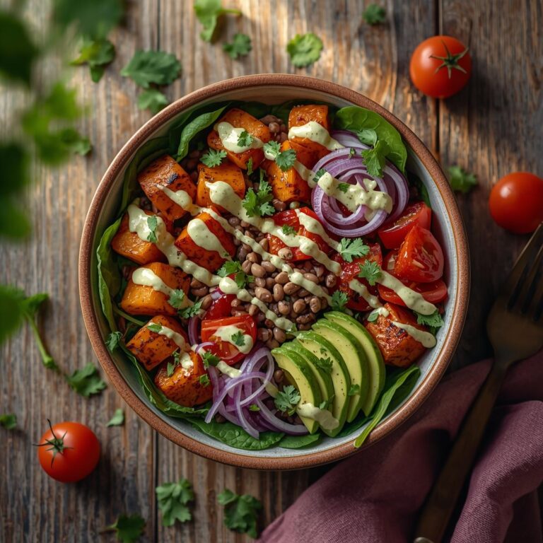 Vegetarian weight loss recipe featuring roasted sweet potatoes, black beans, fresh spinach, cherry tomatoes, and sliced avocado with lime-cilantro dressing – under 350 calories