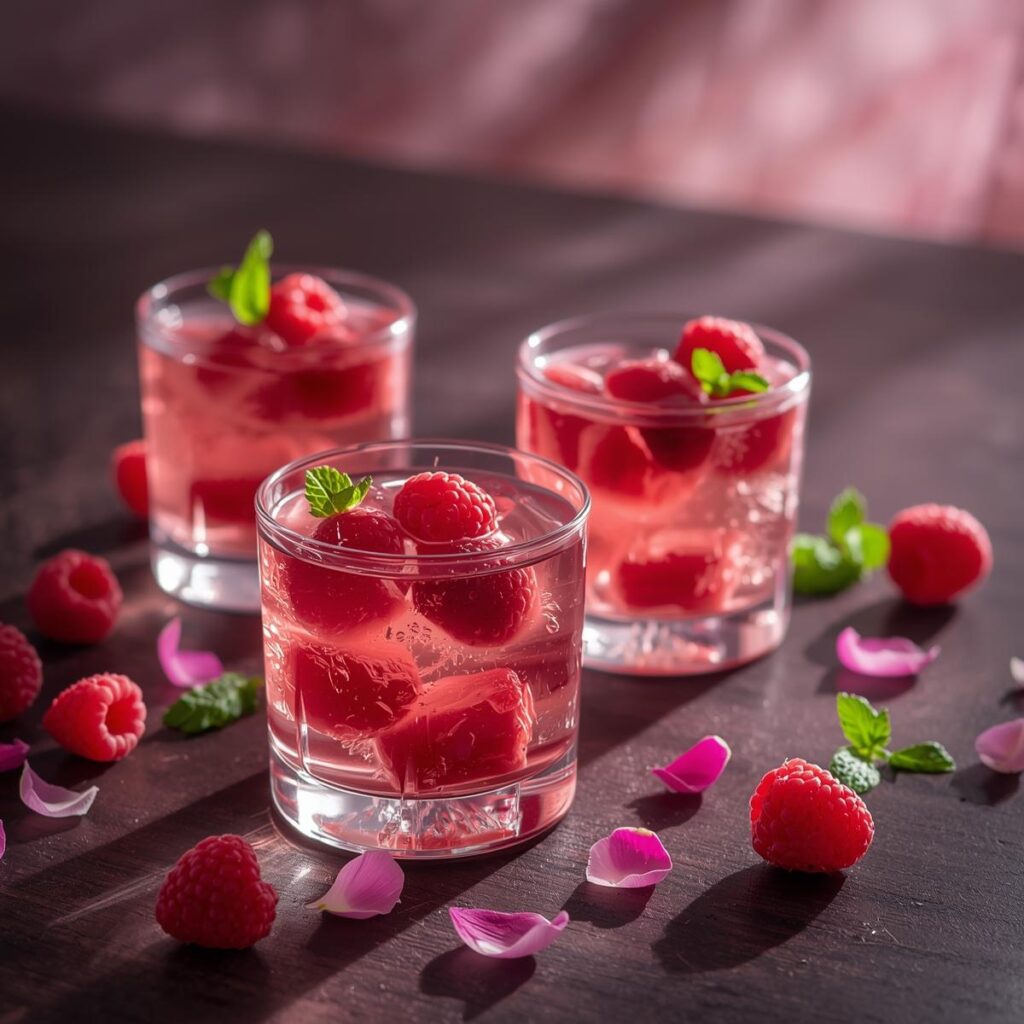 Raspberry rose pink jello for weight loss in clear glass cups with fresh raspberries and rose petals on dark wooden table