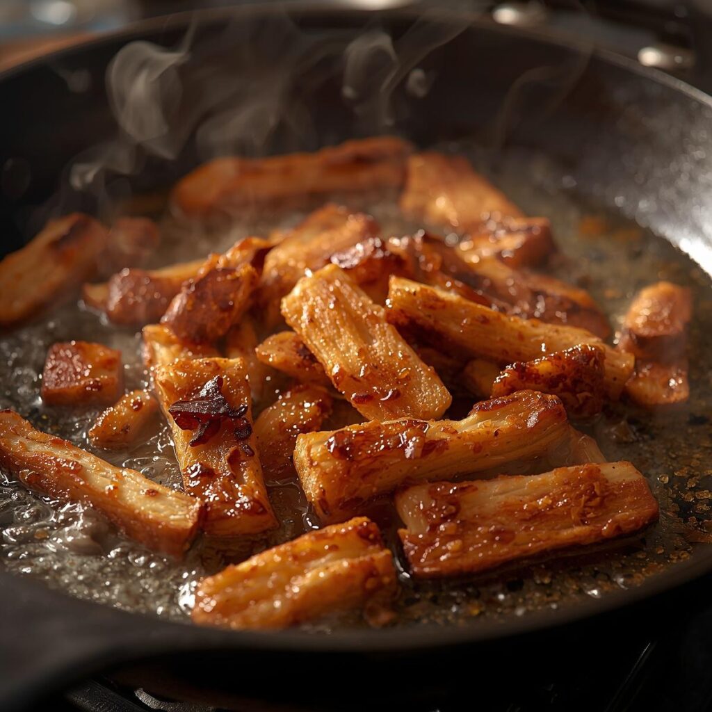 Seitan strips pan‑searing in a cast iron skillet until golden brown and crispy.