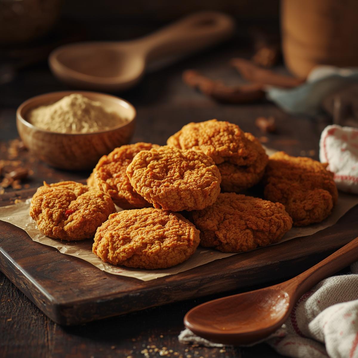 Close-up of homemade seitan cutlets on a wooden board with vital wheat gluten in a bowl, showing the meaty texture.