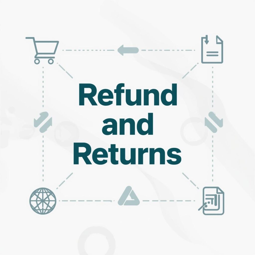 Refund and Returns policy illustration showing ecommerce return process with shopping cart, documents, and arrows representing product return workflow