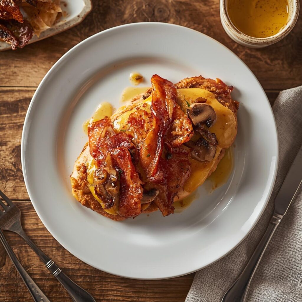 Copycat Outback Alice Springs Chicken on a plate with melted cheese, bacon, mushrooms, and a side of honey mustard sauce.