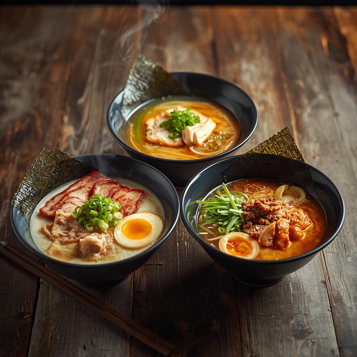Three bowls of homemade ramen showing tonkotsu, chicken paitan, and shoyu broth styles with various toppings on a wooden table.