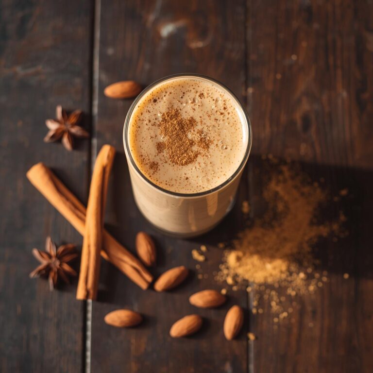 Tall glass of vanilla chai protein smoothie with cinnamon sprinkled on top, placed on a rustic wooden table surrounded by cinnamon sticks and star anise.