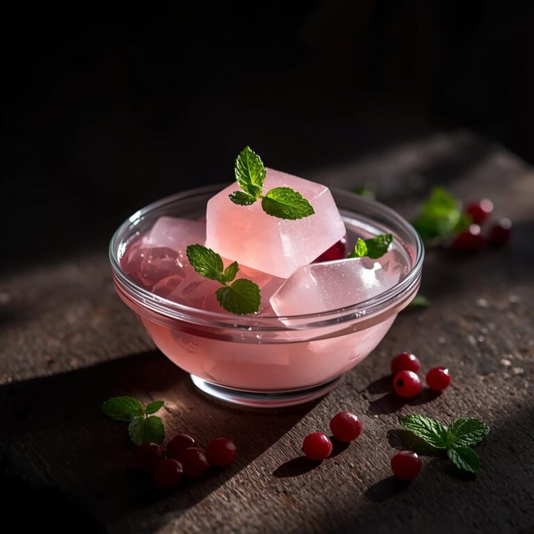Glass bowl of prepared gelatin cubes with fresh berries and mint representing the gelatin trick for weight loss trend