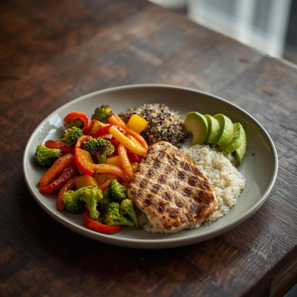 Balanced plate with vegetables, lean protein, and whole grains representing healthy eating when trying to lose weight