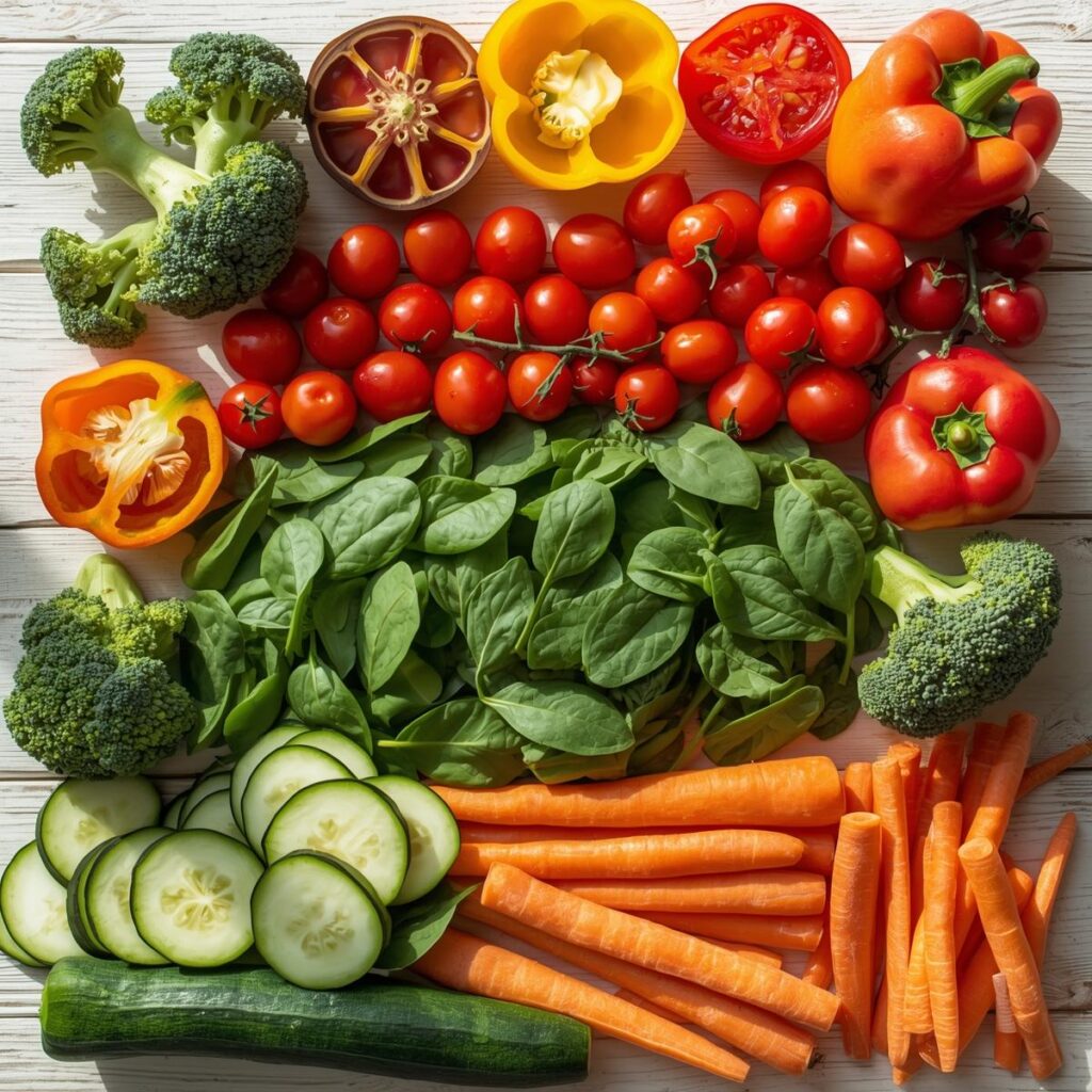 Balanced plate with vegetables, lean protein, and whole grains representing healthy eating when trying to lose weight