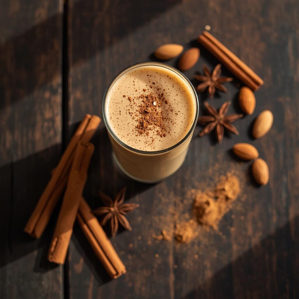 Tall glass of vanilla chai protein smoothie with cinnamon sprinkled on top, placed on a rustic wooden table surrounded by cinnamon sticks and star anise.