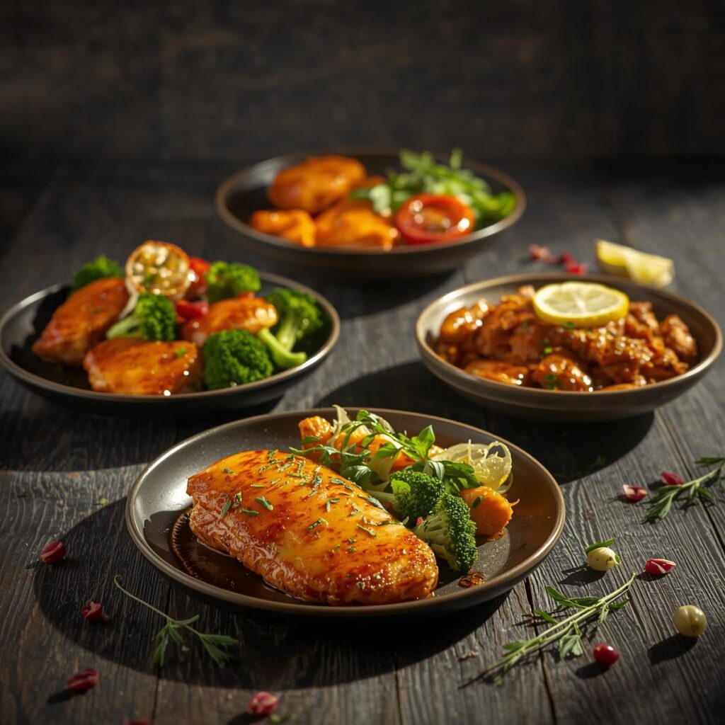 Collection of high-protein chicken recipes for weight loss including lemon herb grilled chicken and buffalo chicken bowl on wooden table
