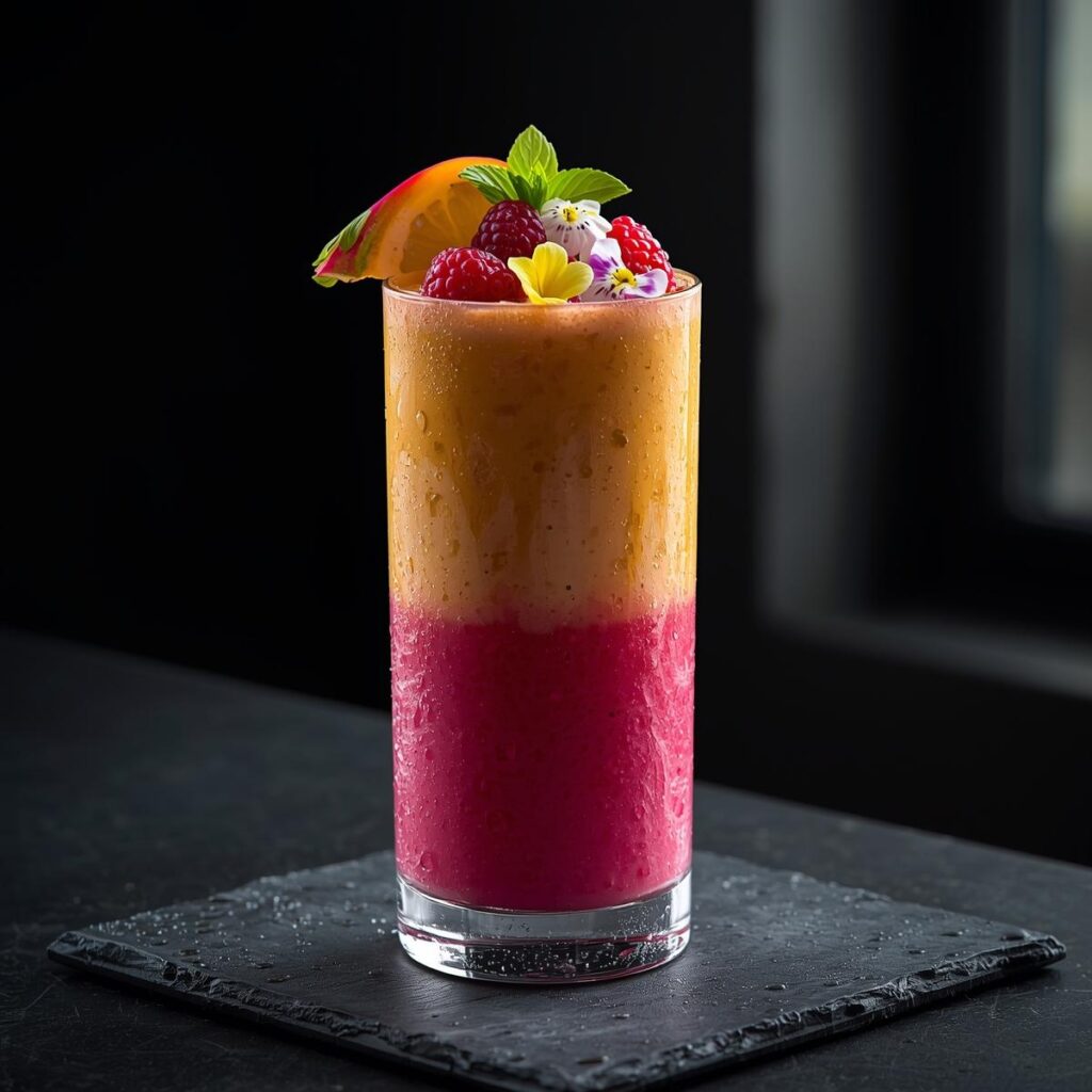 Layered pink pitaya sunrise smoothie for weight loss in glass with dragon fruit and flowers on dark counter