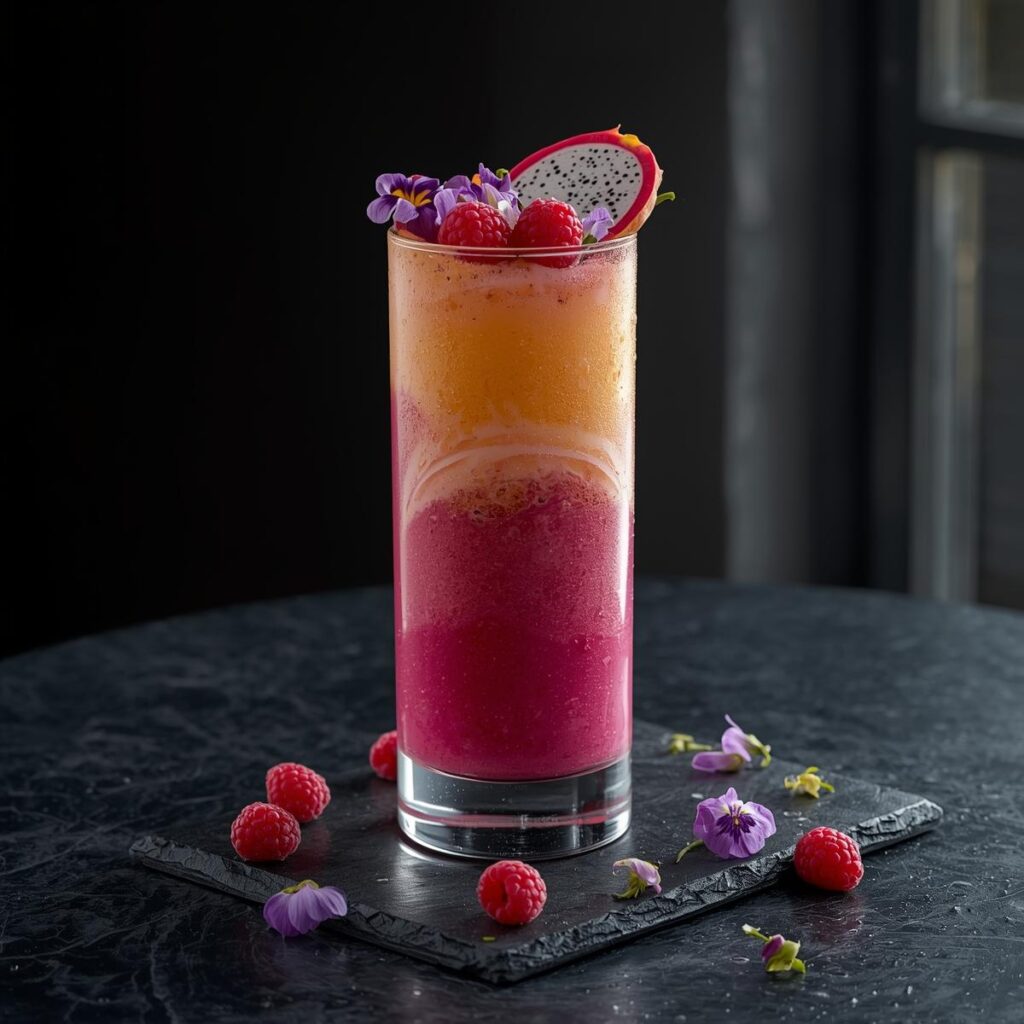 Layered pink pitaya sunrise smoothie for weight loss in glass with dragon fruit and flowers on dark counter