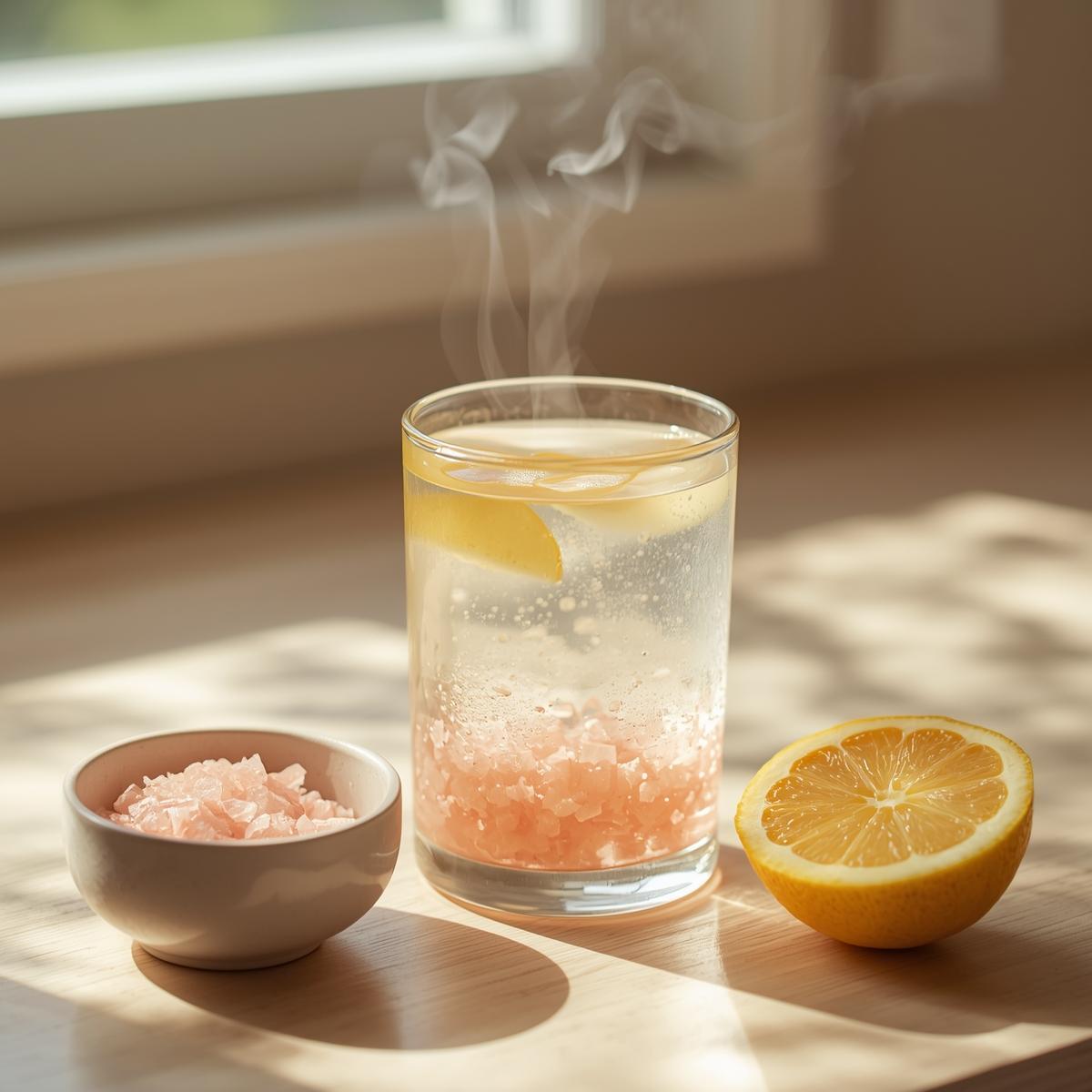 Glass of warm pink salt trick drink with lemon and Himalayan salt on wooden counter with morning light.